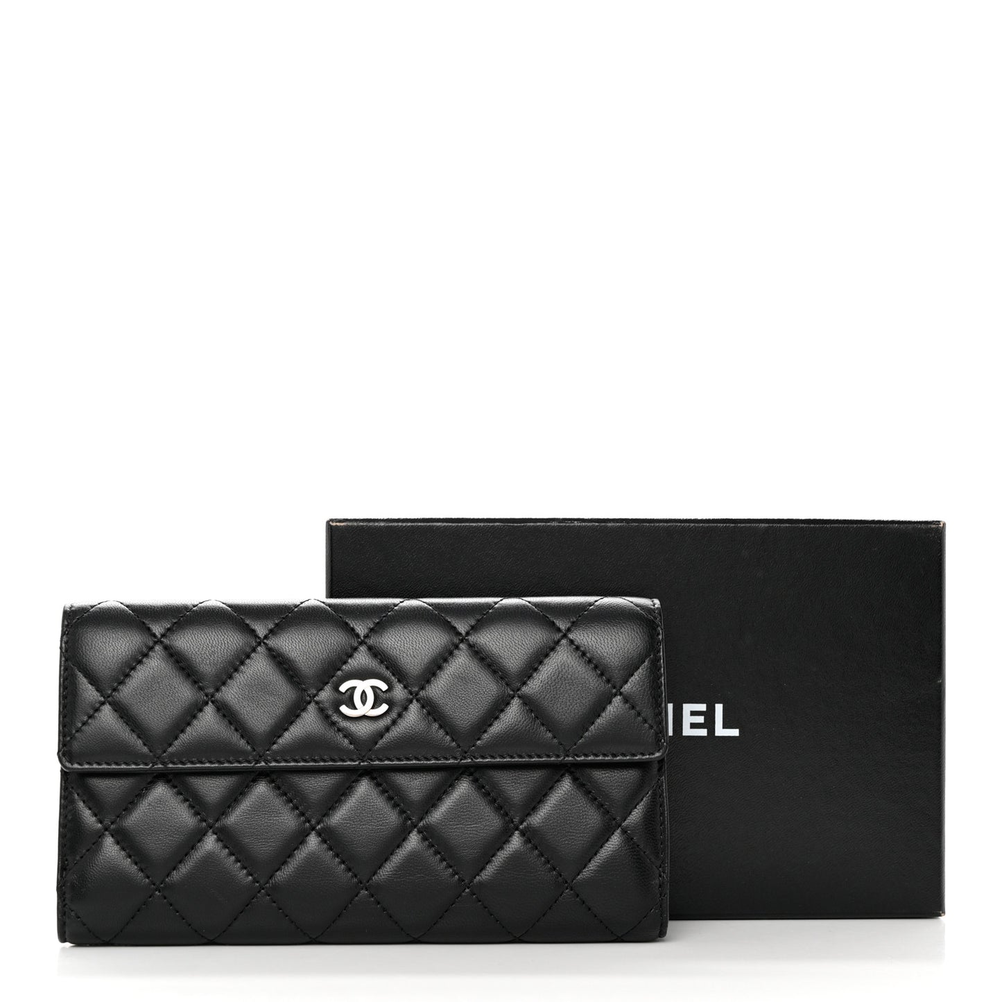 Lambskin Quilted Long Flap Wallet Black
