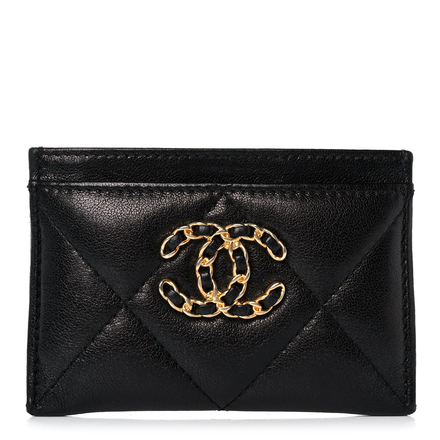 Shiny Goatskin Quilted Chanel 19 Card Holder Black
