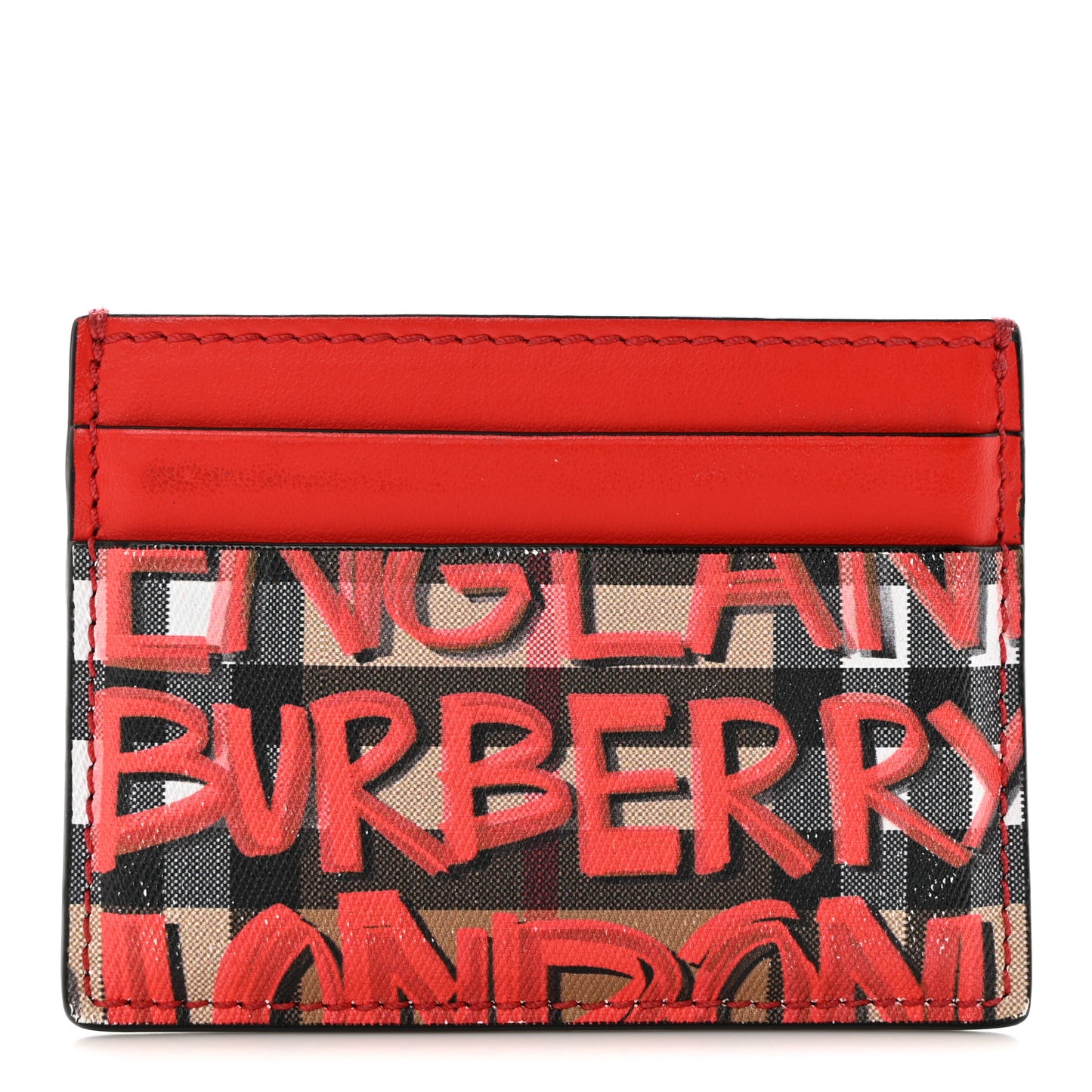 Calfskin Vintage Check Graffiti Print Card Holder Red