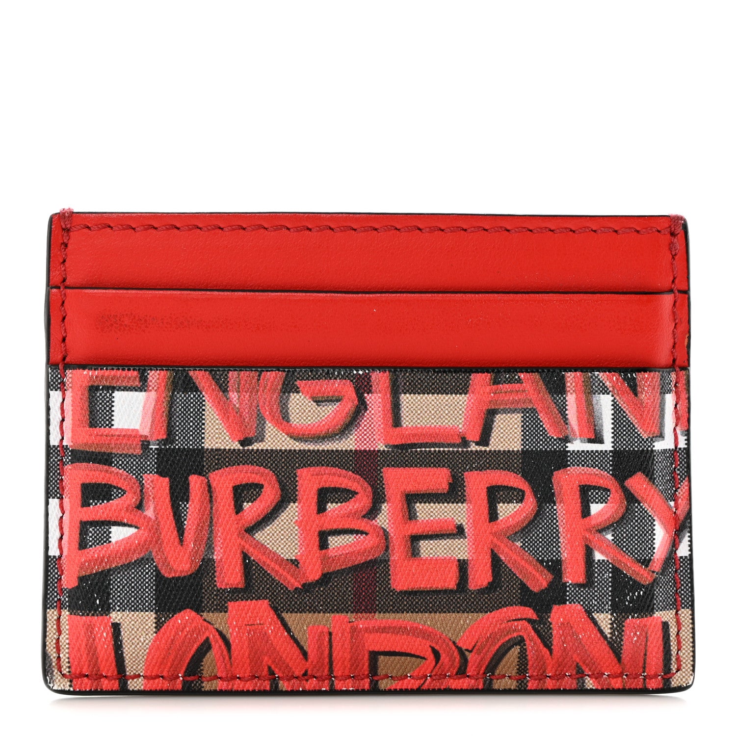 Burberry Calfskin Vintage Check Graffiti Print Card Holder Red 1 of 8