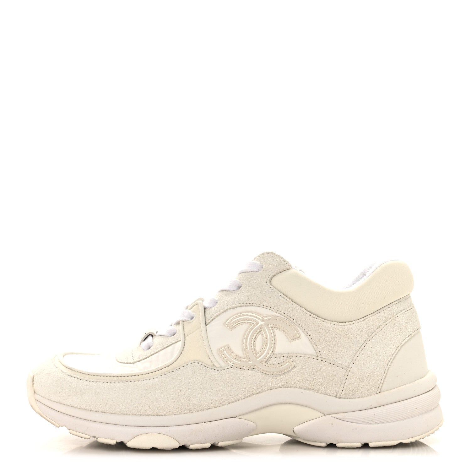 Chanel Suede Calfskin Fabric CC Sneakers 37.5 White 1 of 9