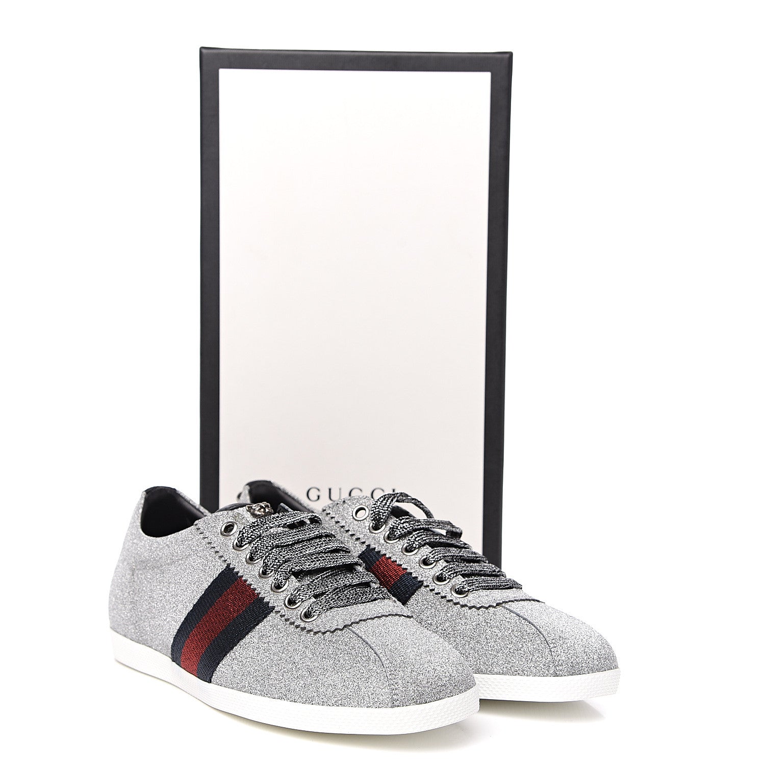 Gucci Glitter Fabric Studded Web Sneakers 37.5 Silver 10 of 10