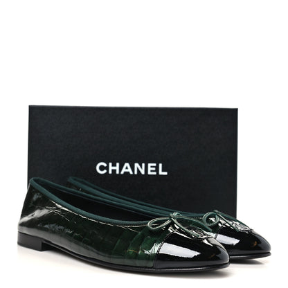 Chanel Patent Calfskin Crocodile Embossed Ballerina Flats 41 Dark Green Black 10 of 10