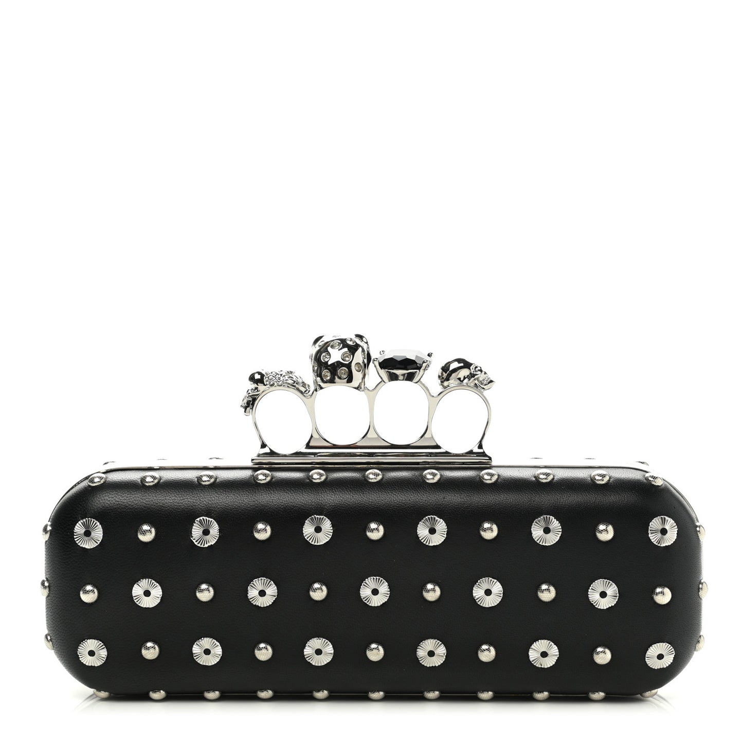 Nappa Studded Skull Knuckle Box Clutch Black