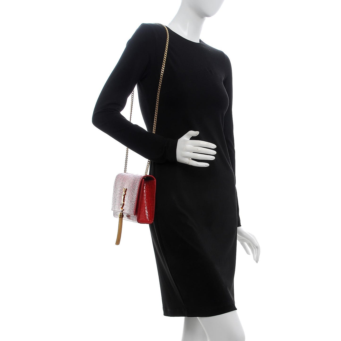 Calfskin Crocodile Embossed Medium Classic Monogram Kate Tassel Satchel New Red
