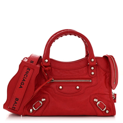 Balenciaga Agneau Classic Silver Hardware Mini City Logo Strap Red Black 1 of 14