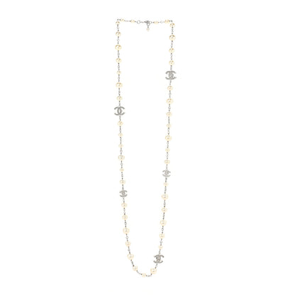 Chanel Graduated Pearl Crystal CC Long Necklace Silver 3 of 4