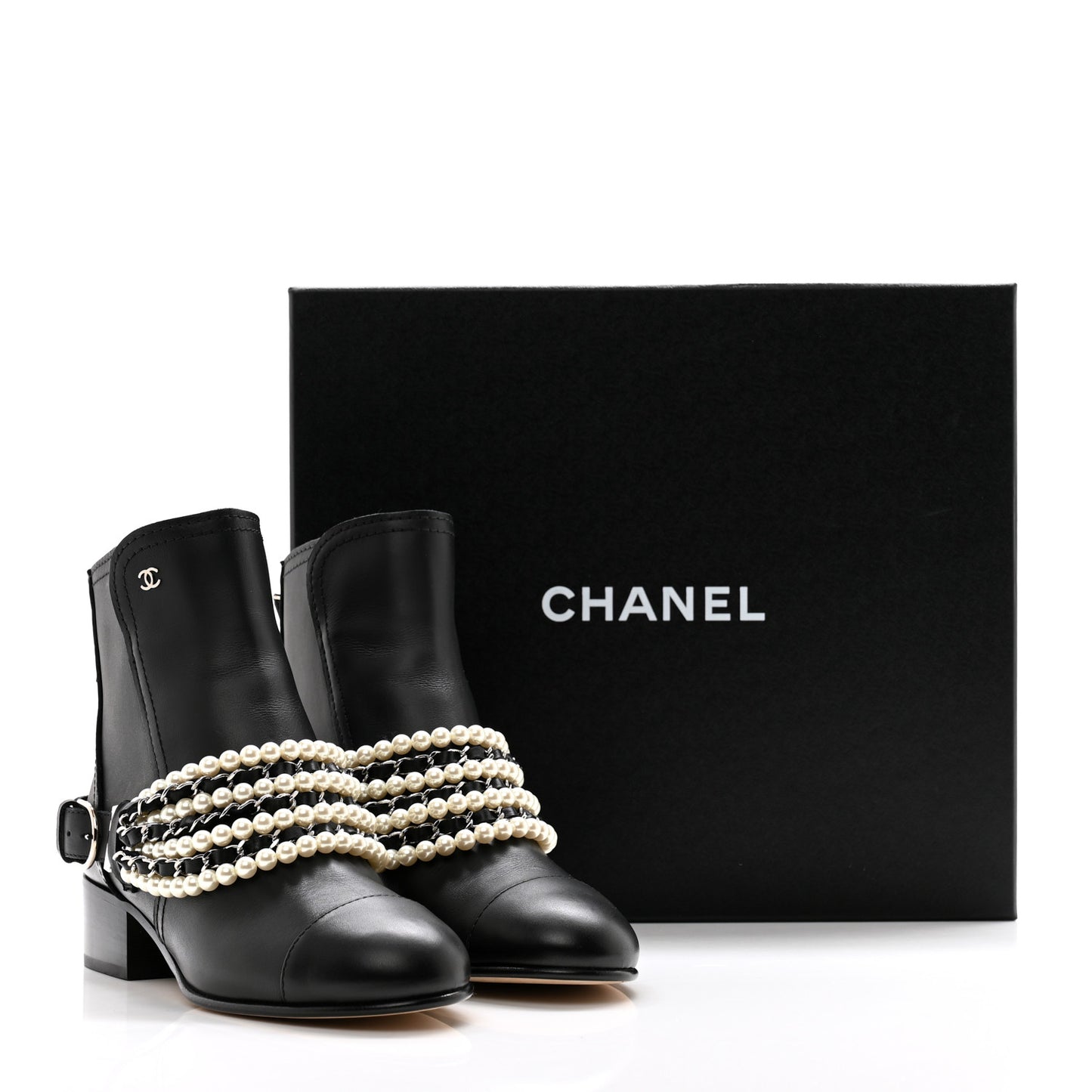 Calfskin Pearl Cap Toe Short Boots 36.5 Black