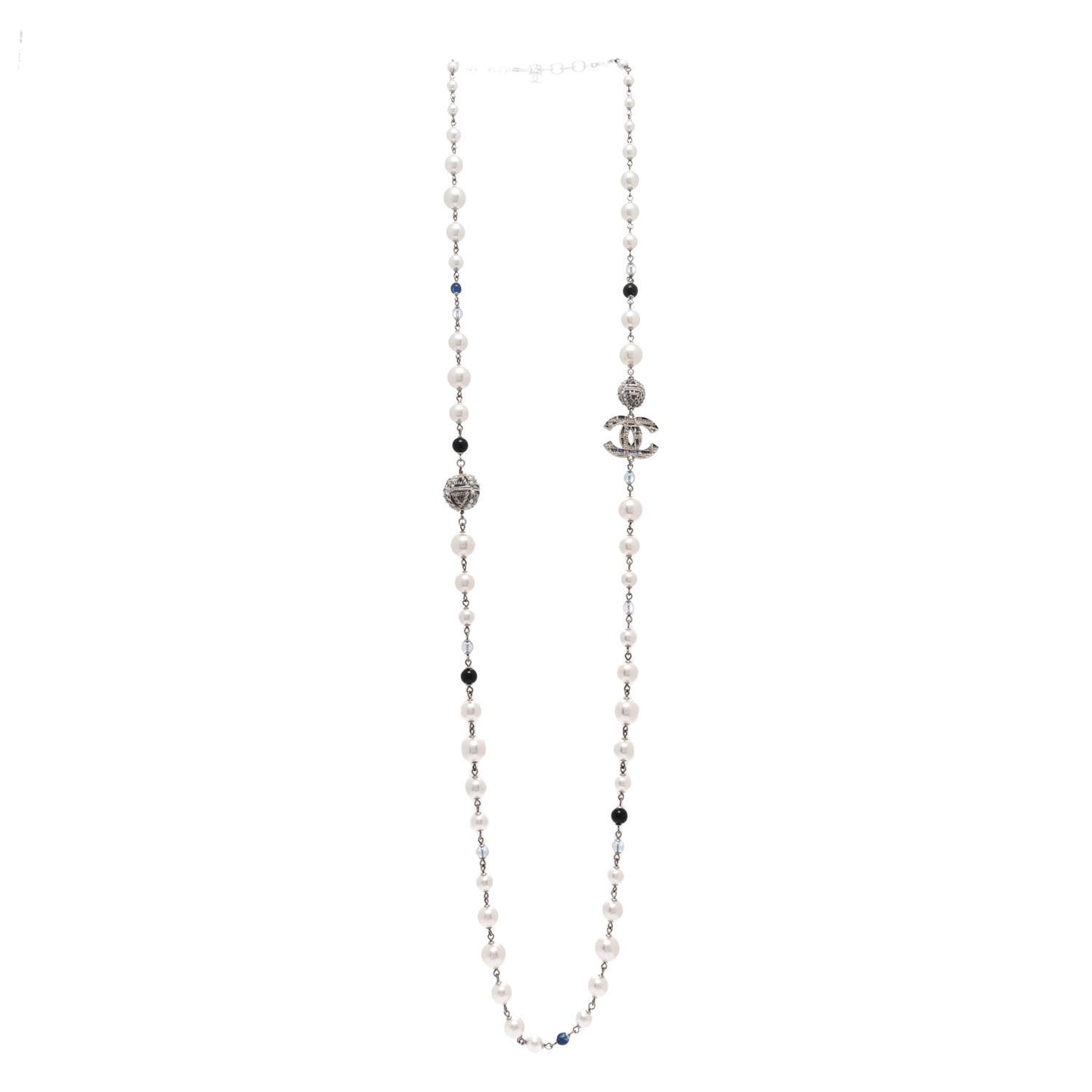 Pearl Bead Tweed Effect CC Long Necklace Silver Black Blue