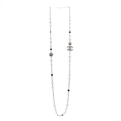 Chanel Pearl Bead Tweed Effect CC Long Necklace Silver Black Blue 3 of 6