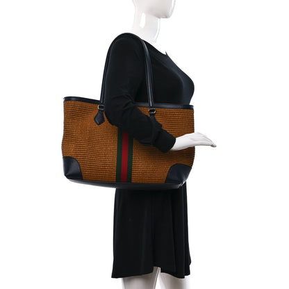 Gucci Straw Lux Calfskin Web Medium Ophidia Shopping Tote Dark Natural Blue 2 of 9