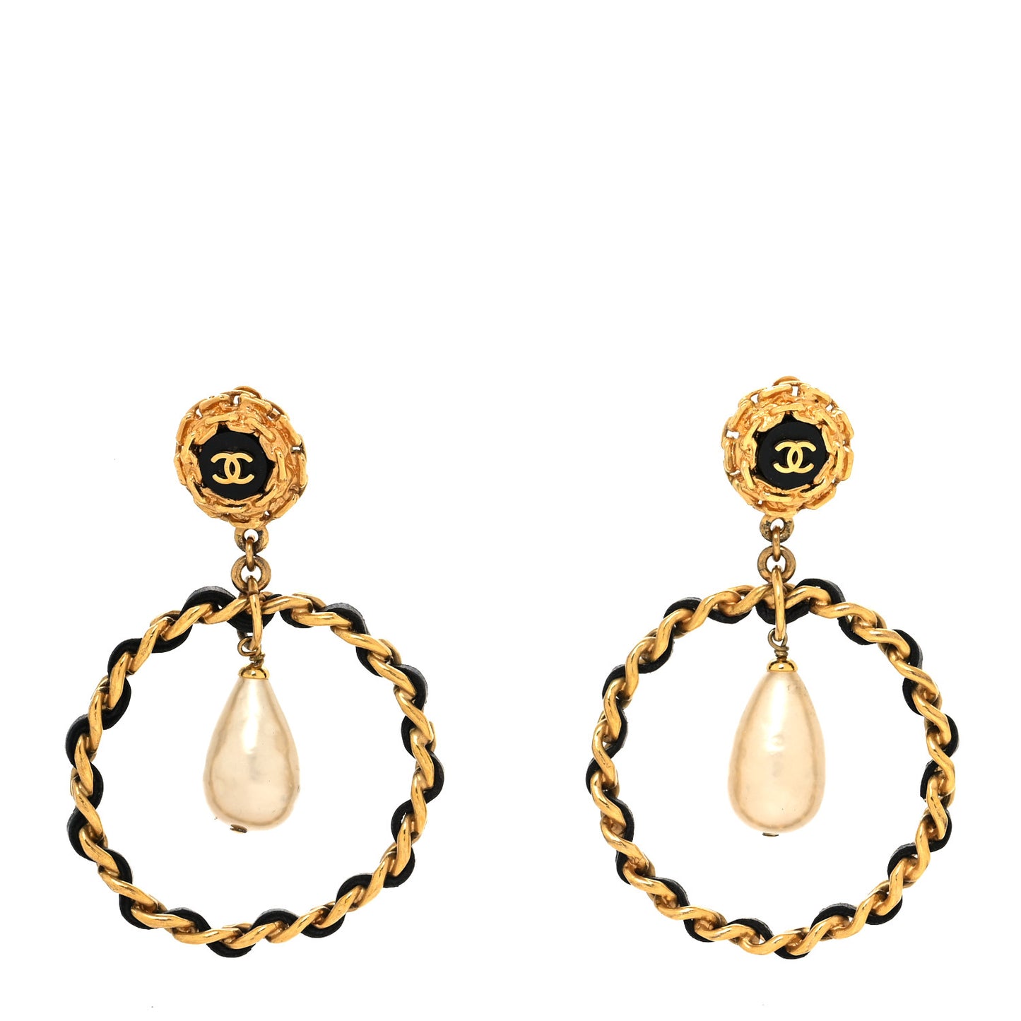 Lambskin Pearl CC Chain Dangle Clip On Earrings Gold Black