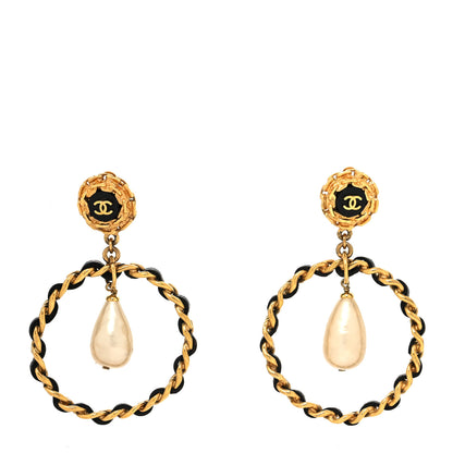 Chanel Lambskin Pearl CC Chain Dangle Clip On Earrings Gold Black 1 of 4