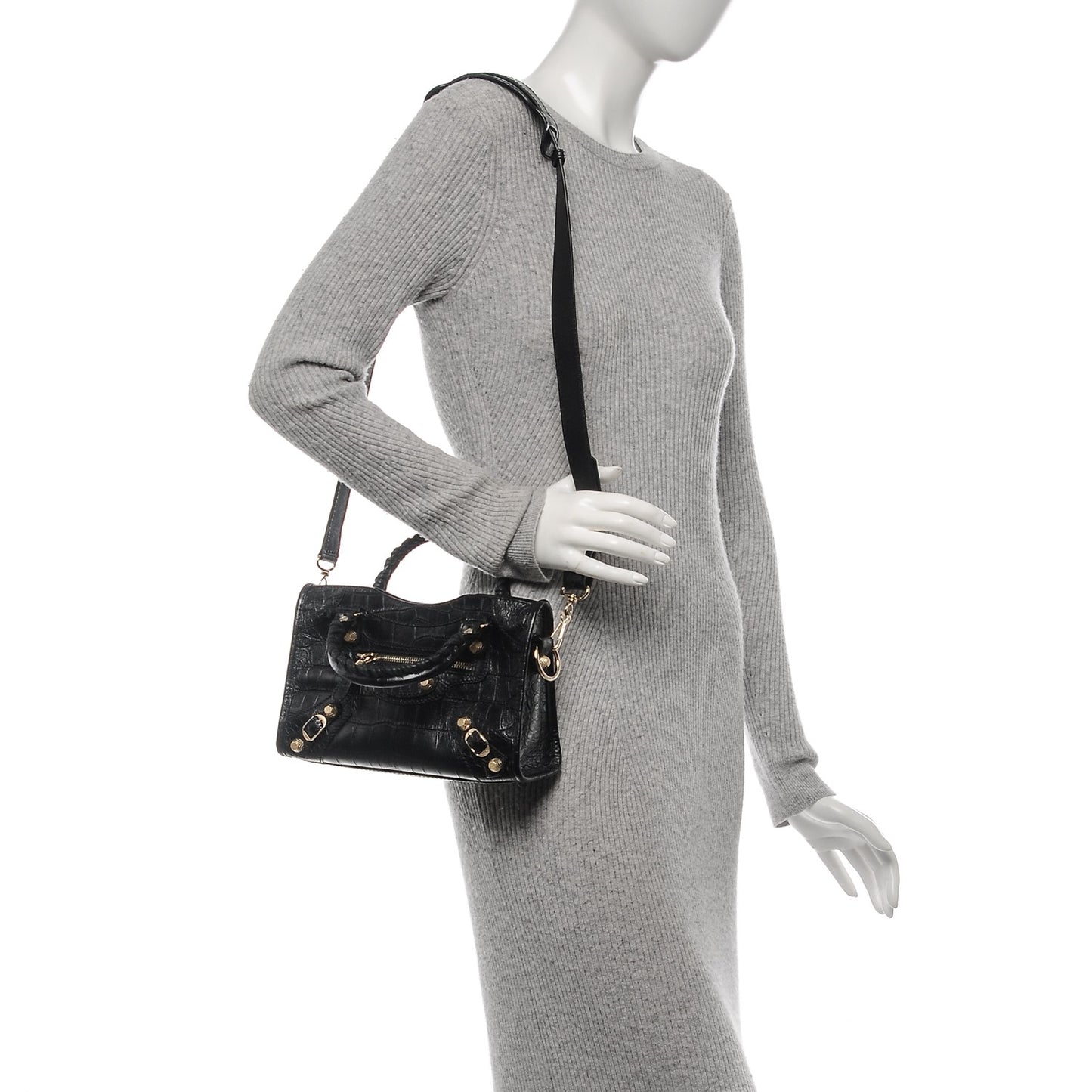 Calfskin Crocodile Embossed Giant 12 Gold Hardware Mini City Black