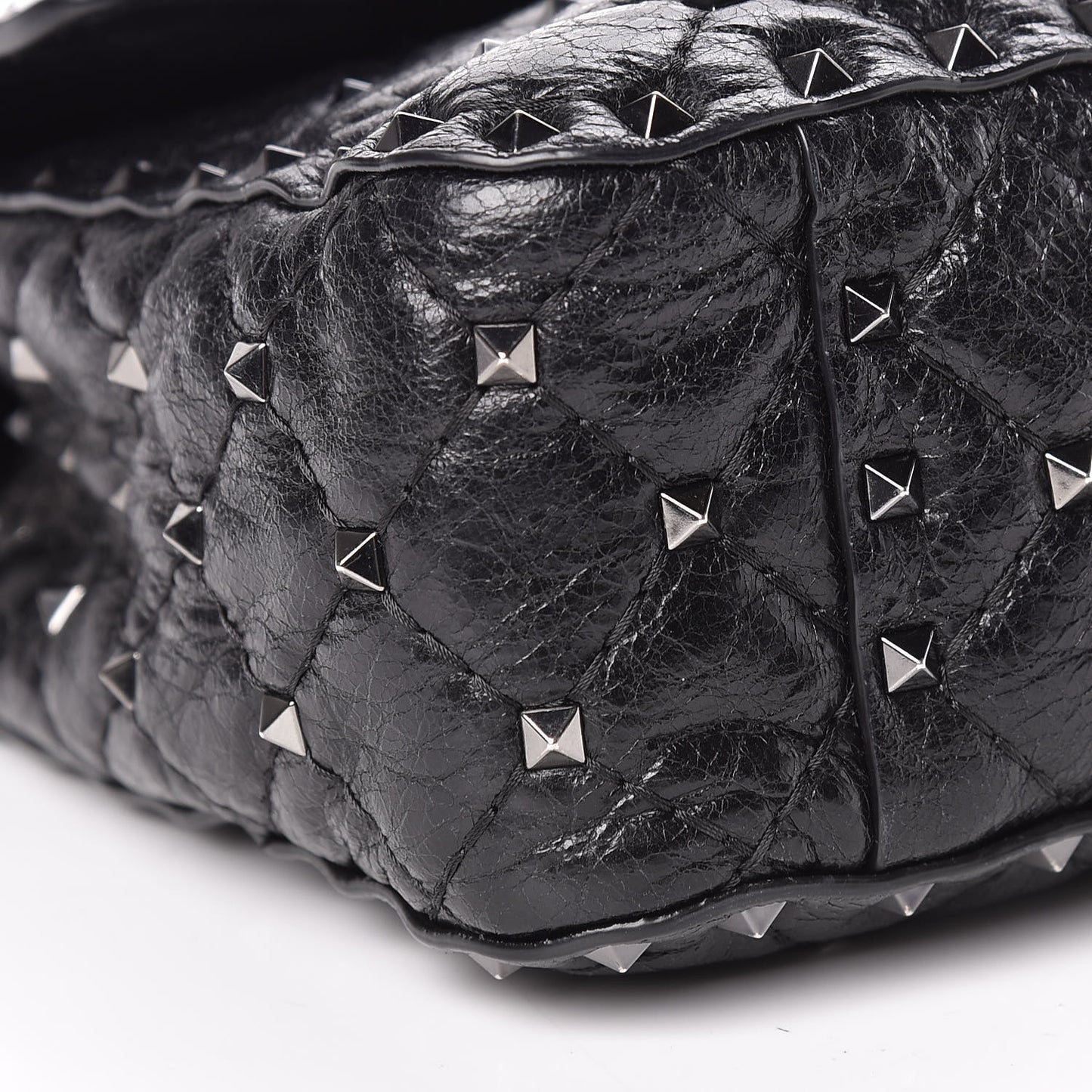 Craquele Nappa Medium Rockstud Spike Shoulder Bag Black