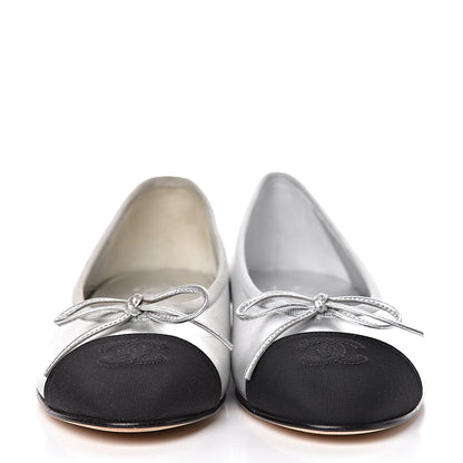 Chanel Laminated Lambskin Grosgrain Cap Toe CC Ballerina Flats 36 Silver Black 2 of 16