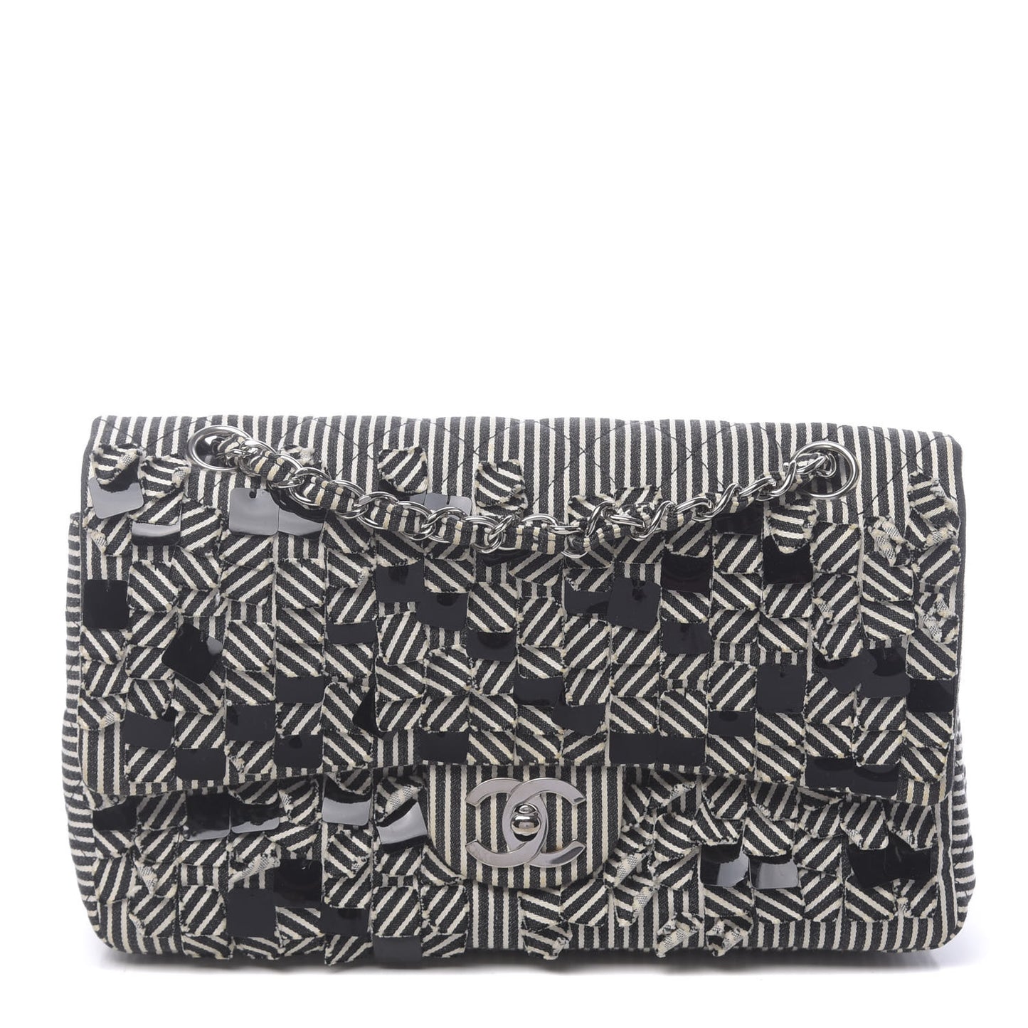 Canvas Sequin Stripe Medium Double Flap Black White