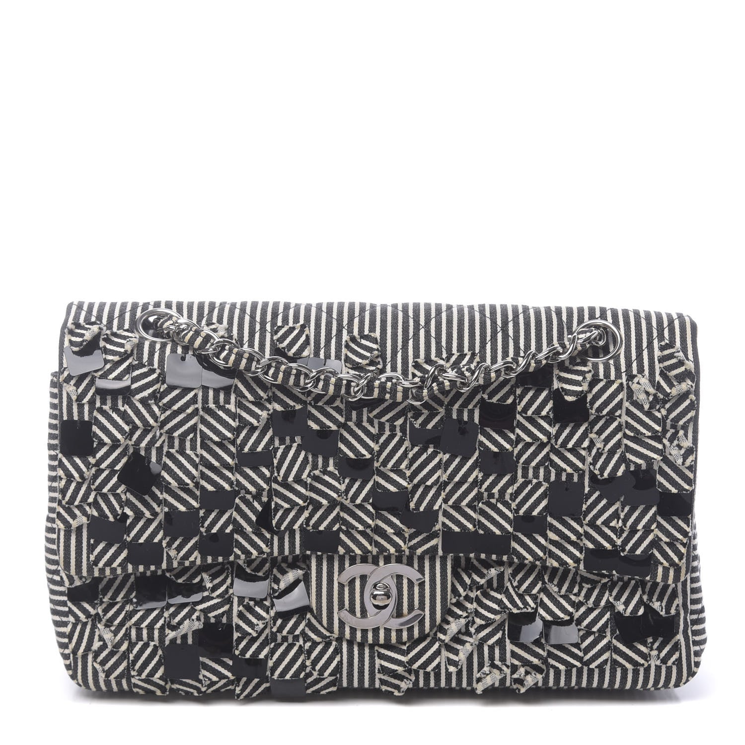Chanel Canvas Sequin Stripe Medium Double Flap Black White 1 of 11