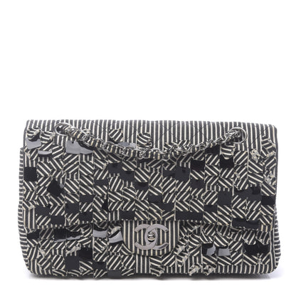 Chanel Canvas Sequin Stripe Medium Double Flap Black White 1 of 11