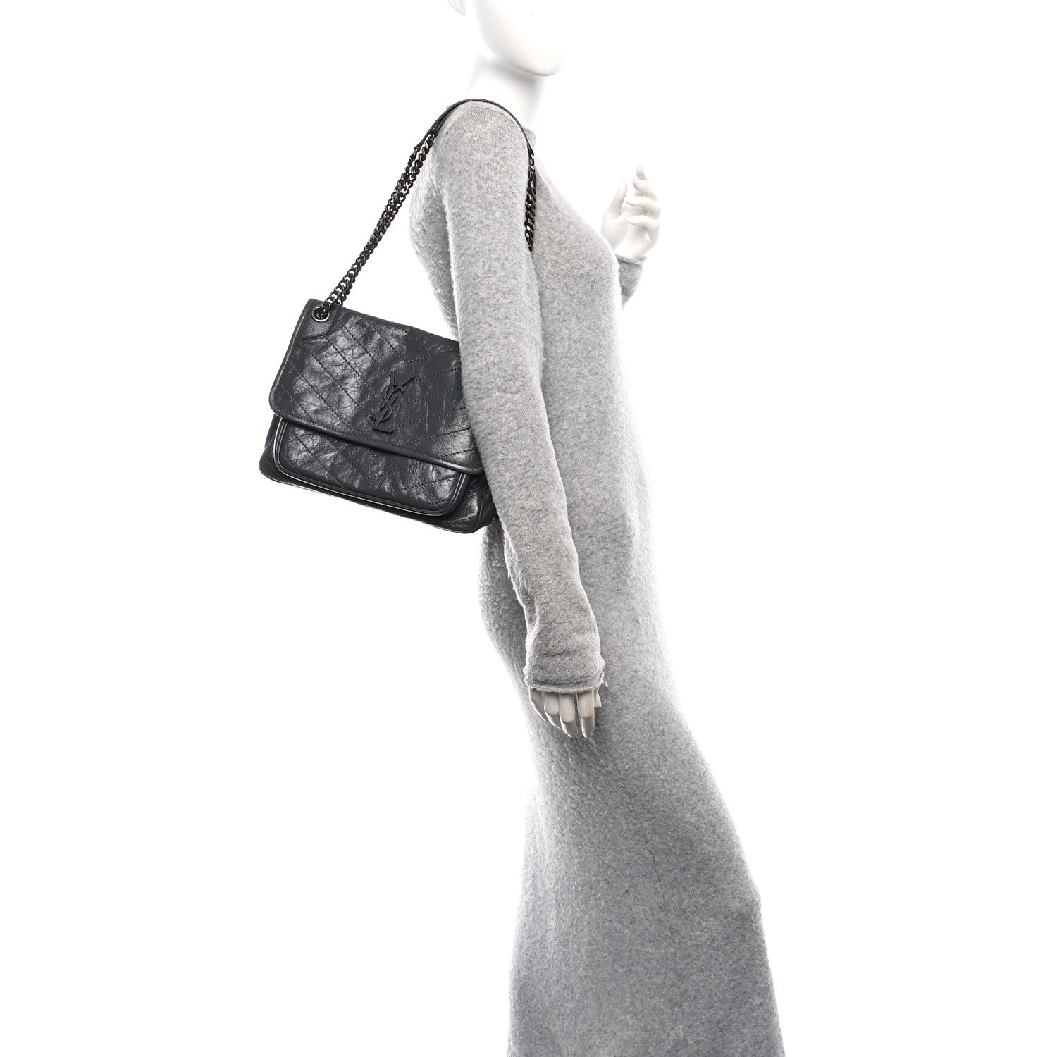 Saint Laurent Crinkled Calfskin Matelasse Monogram Medium Niki Chain Satchel Storm 2 of 10