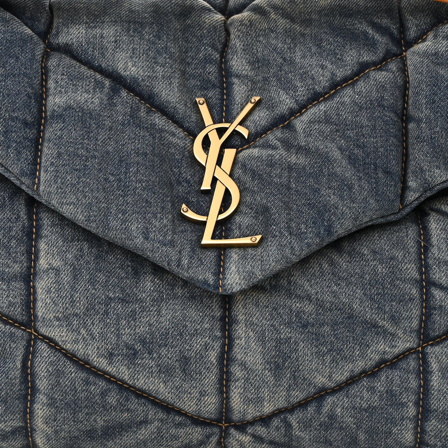 Denim Quilted Medium Loulou Puffer Monogram Chain Satchel Blue Cinnamon