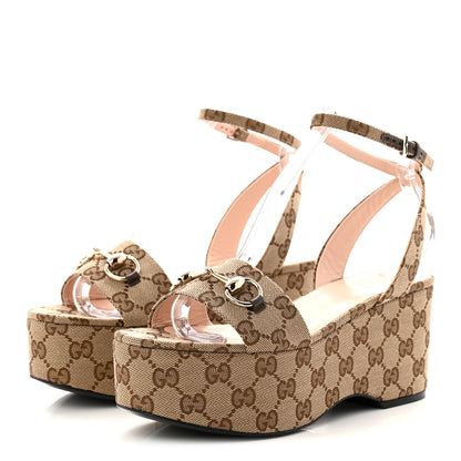 Gucci Monogram Nappa Chalotte Horsebit Ankle Strap 75mm Flatform Sandals 37.5 Beige Ebony 3 of 9