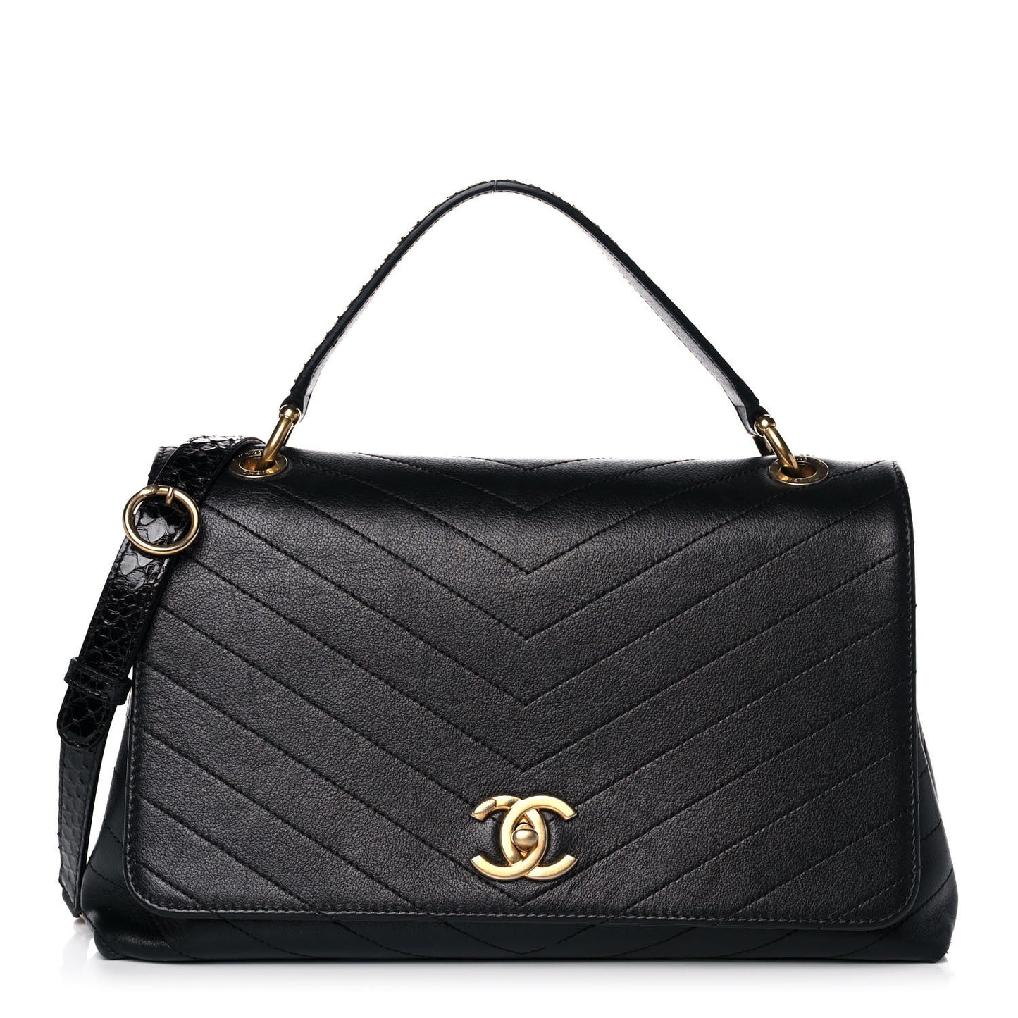 Grained Calfskin Chevron Stitched Medium Chic Top Handle Flap Black
