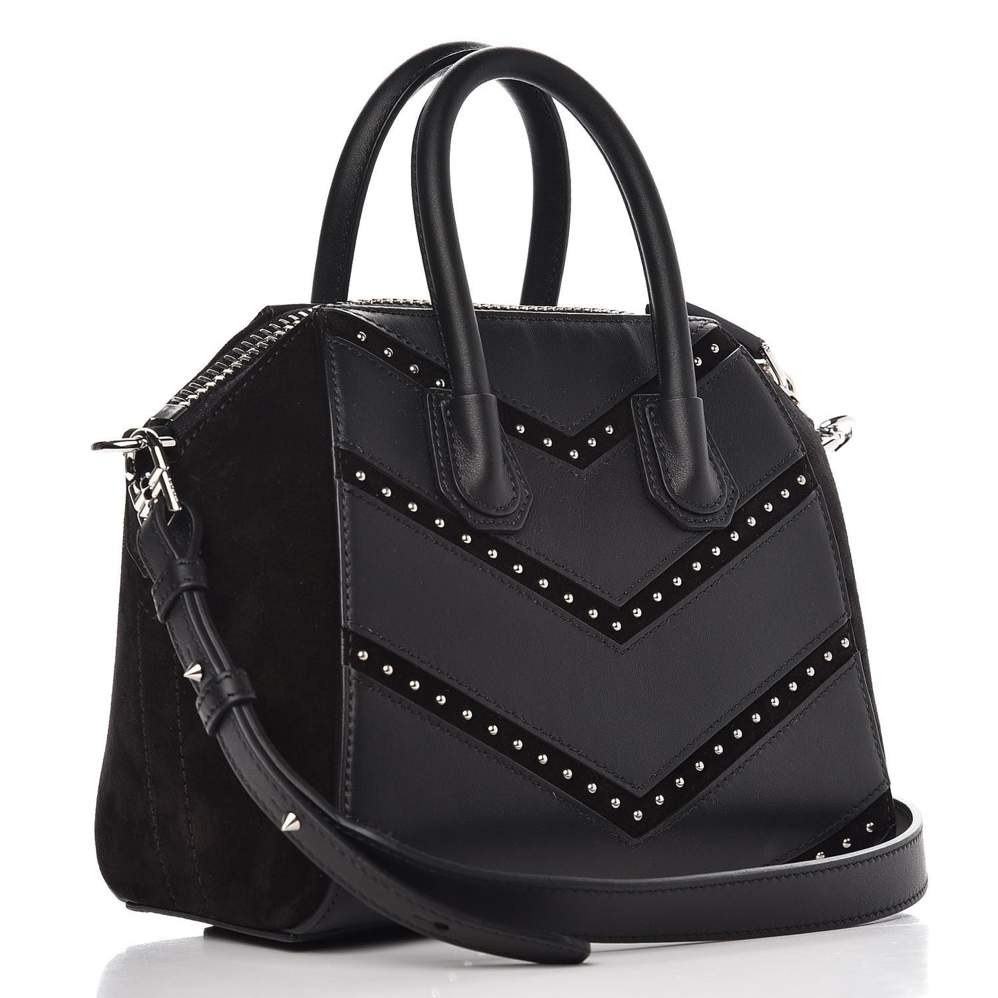 Calfskin Suede Mini Studded Chevron Antigona Black