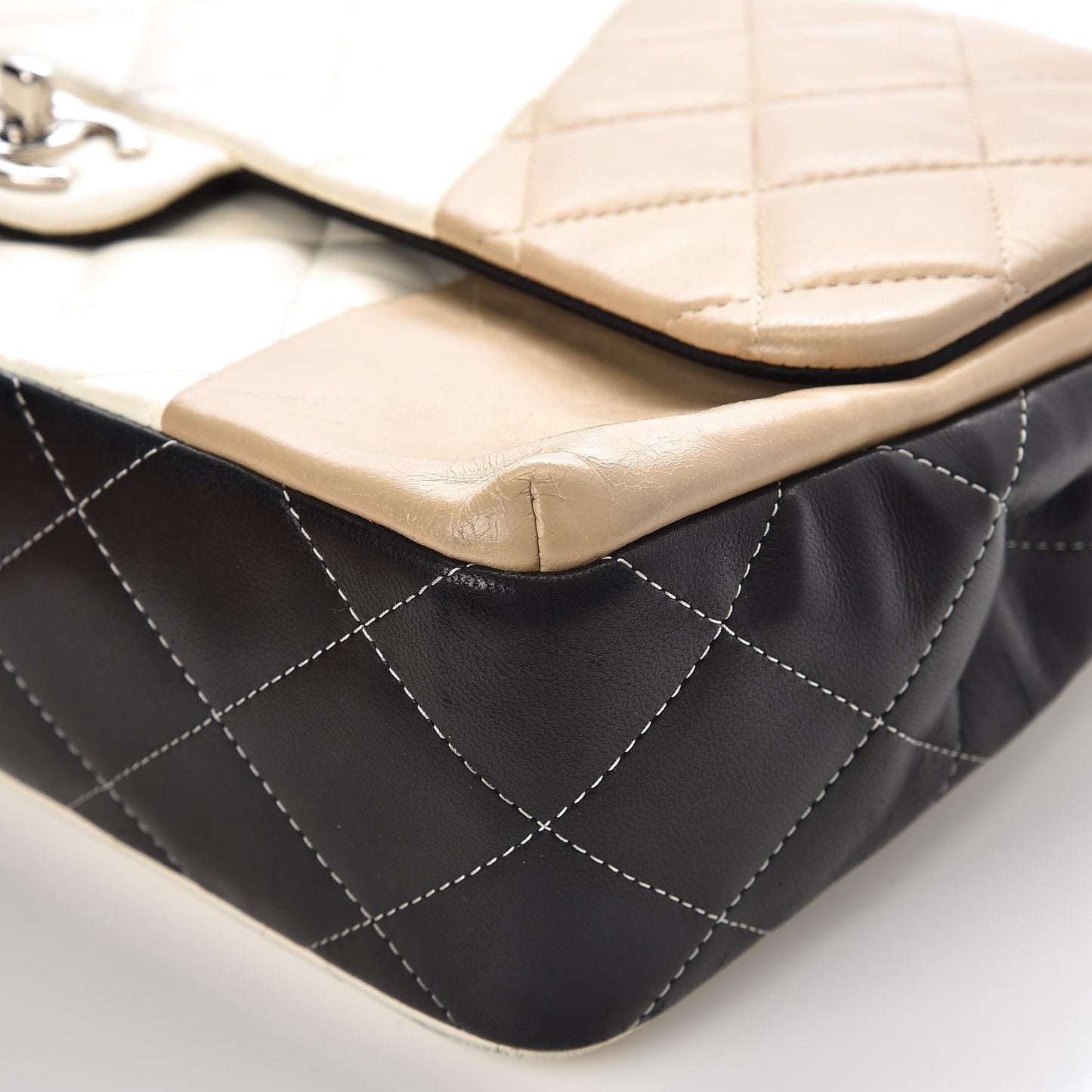 Lambskin Quilted Colorblock Jumbo Double Flap Black White Beige