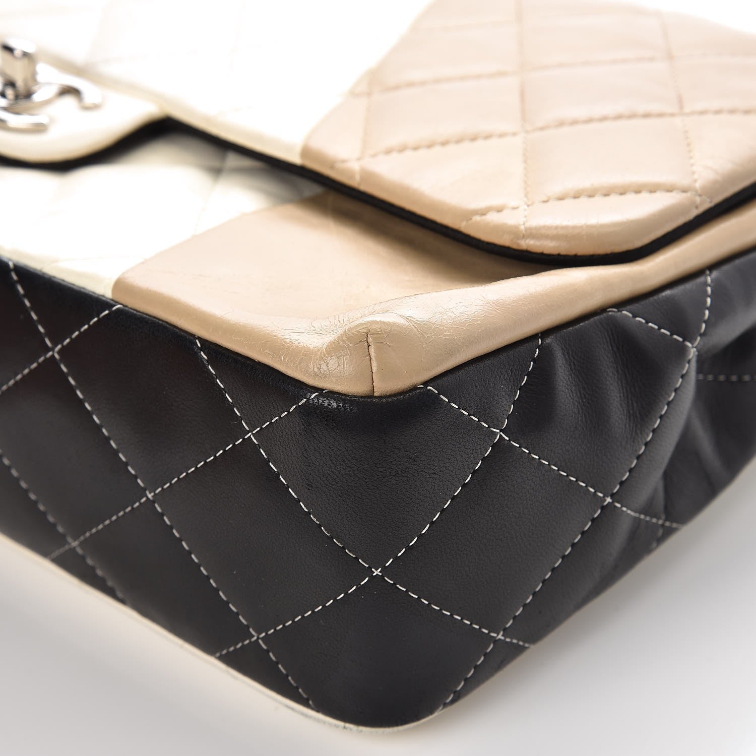 Chanel Lambskin Quilted Colorblock Jumbo Double Flap Black White Beige 14 of 18