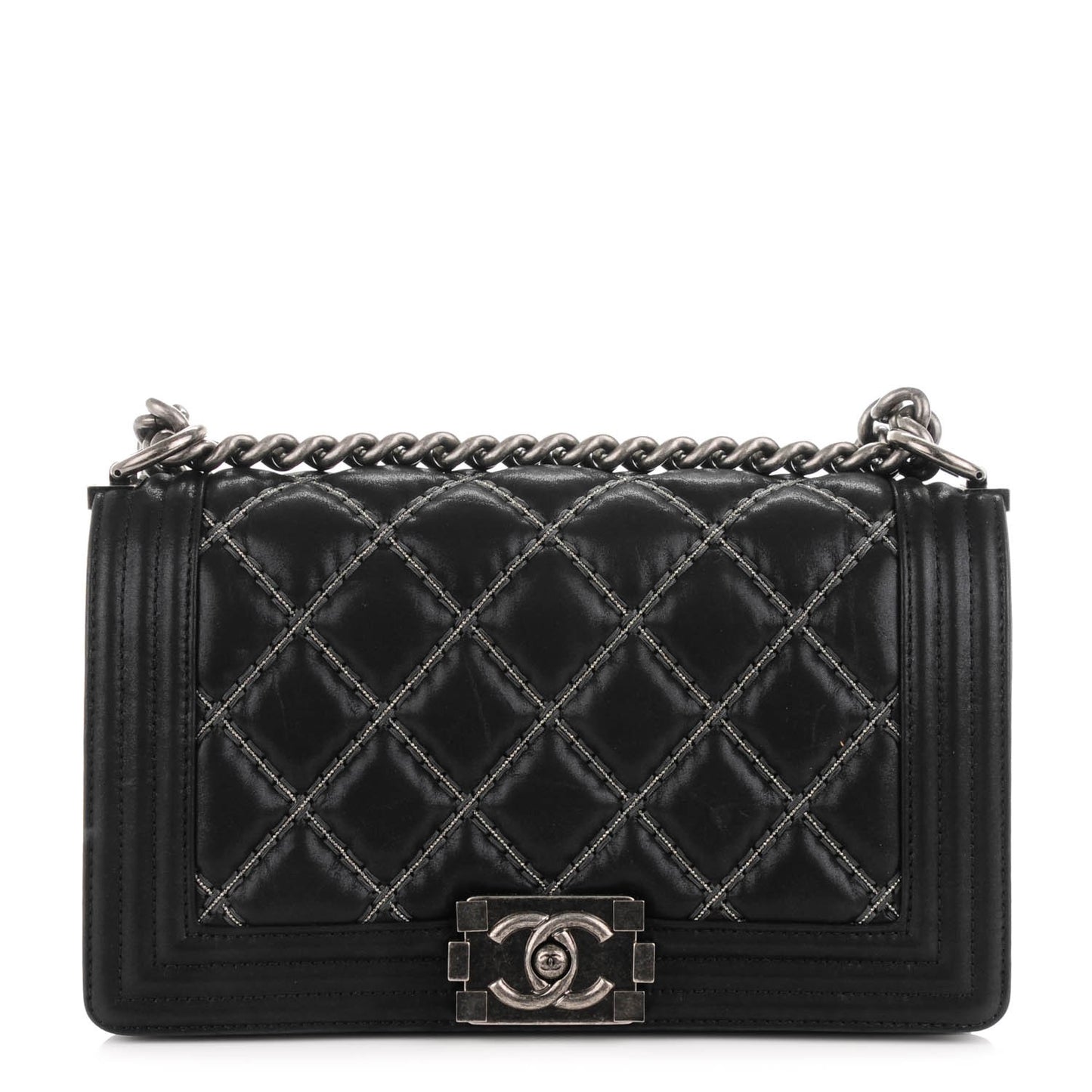 Iridescent Calfskin Embellished Double Stitch Medium Boy Flap Black