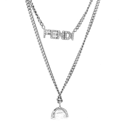 Fendi Metal Crystal Double Strand Logo Drop Necklace Silver 4 of 6
