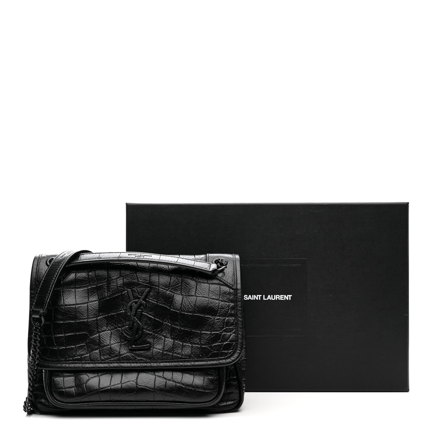 Saint Laurent Calfskin Crocodile Embossed Matelasse Monogram Baby Niki Chain Satchel Black 25 of 25