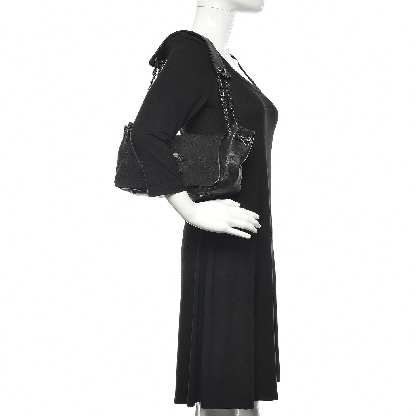 Calfskin Diamond Stitch Accordion Flap Black