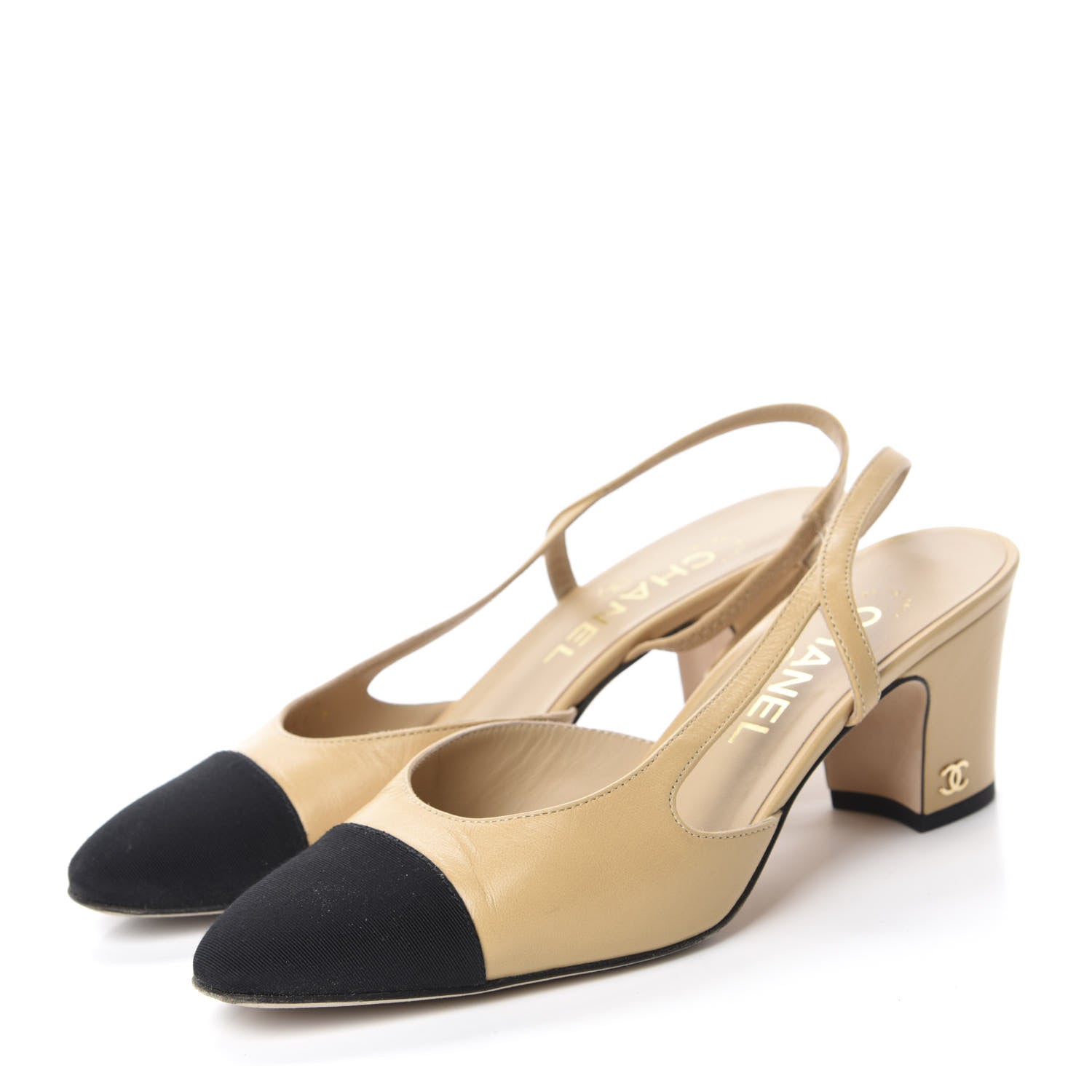 Chanel Goatskin Grosgrain Cap Toe CC Slingback Pumps 37 Beige Black 3 of 11