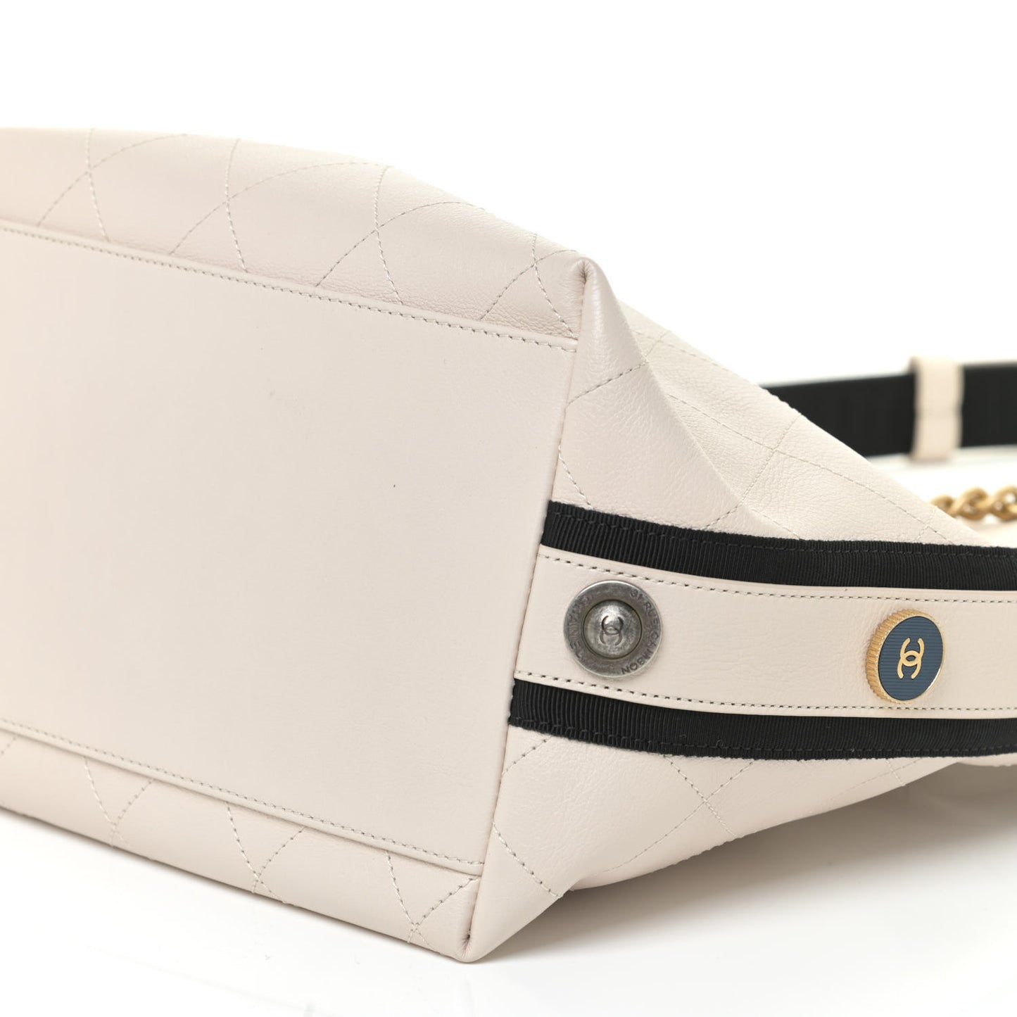 Calfskin Stitched Large Button Up Hobo Ivory Black
