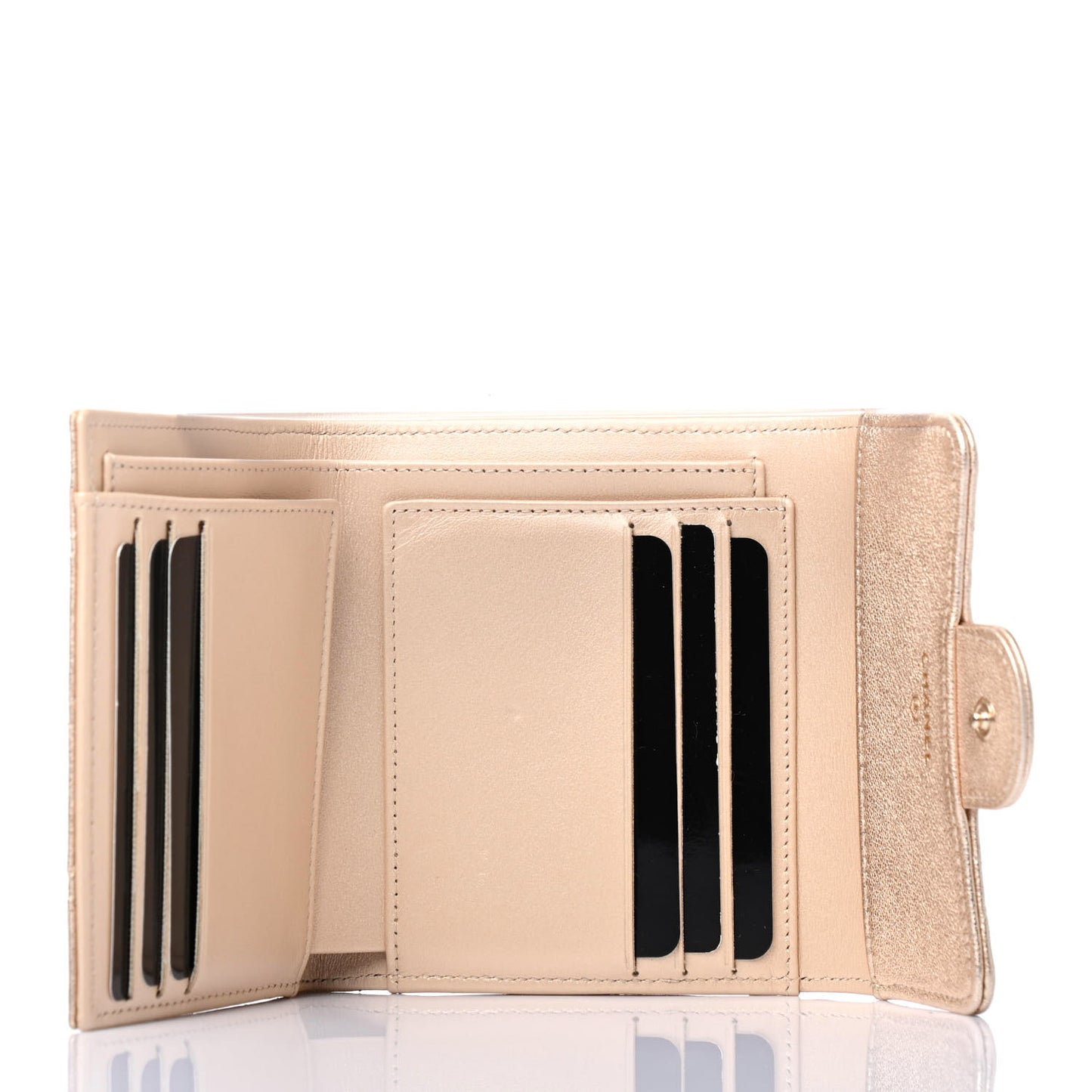 Metallic Lambskin Quilted Compact Flap Wallet Gold