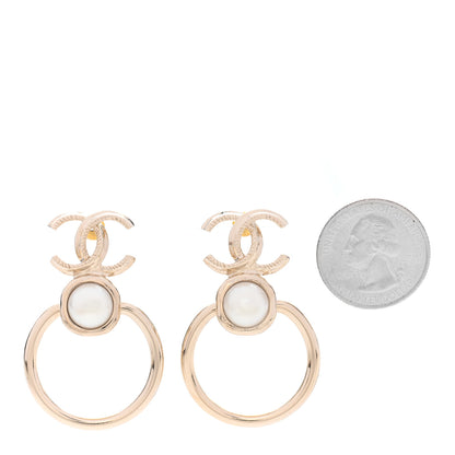 Chanel Metal Pearl CC Hoop Drop Earrings Gold 2 of 4