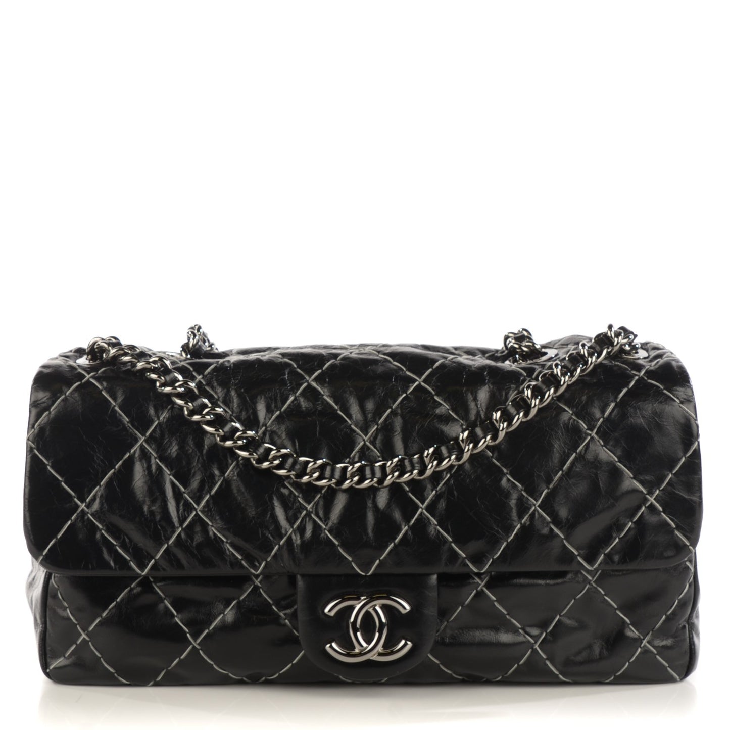 Glazed Goatskin Double Stitch Flap Black