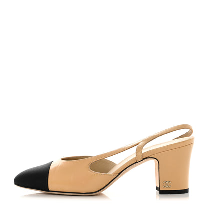 Chanel Goatskin Grosgrain Cap Toe CC Slingback Pumps 37.5 Beige Black 1 of 9