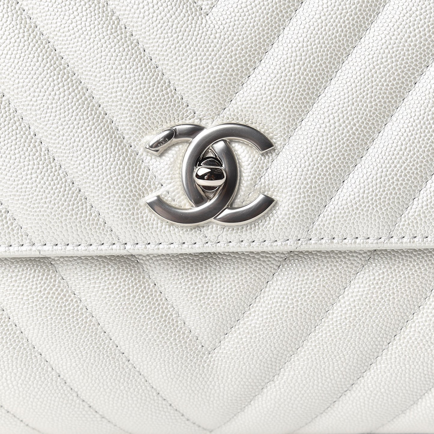 Iridescent Caviar Chevron Quilted Small Coco Handle Flap White