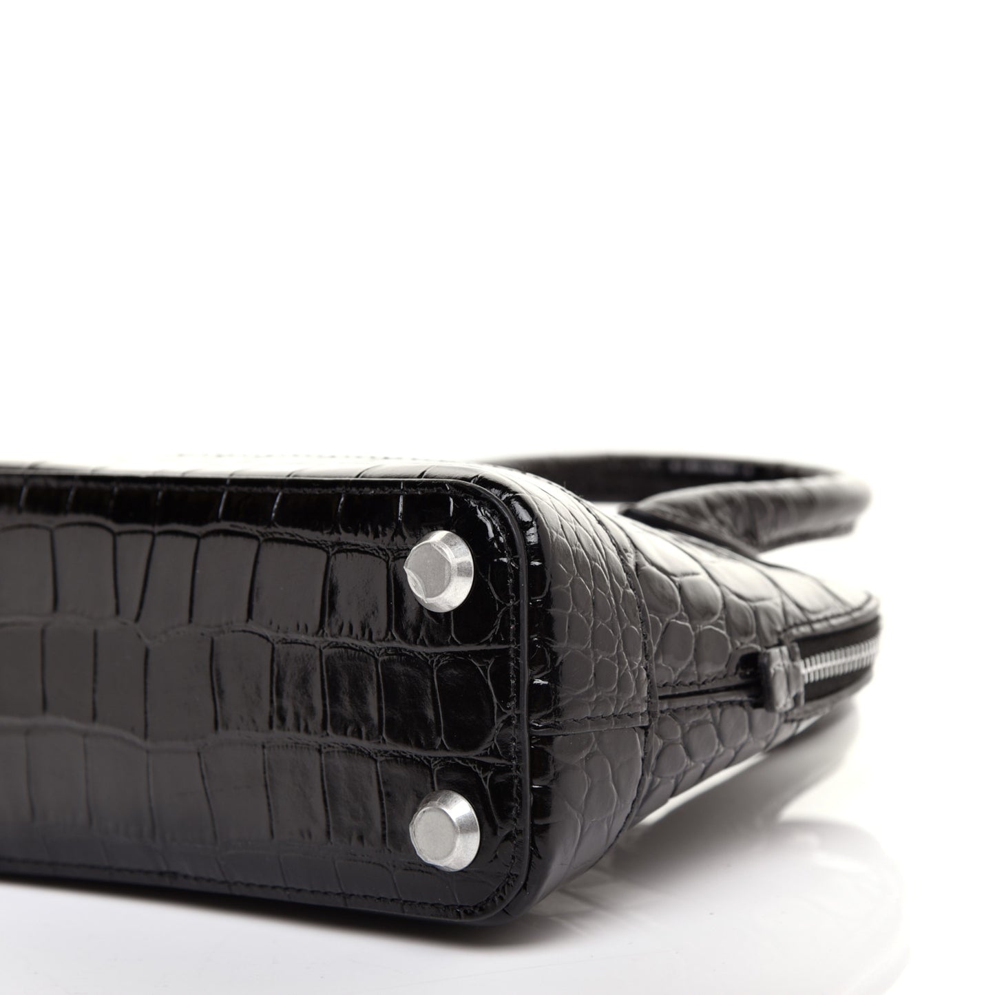 Shiny Calfskin Logo Crocodile Embossed XXS Ville Top Handle Bag Black White