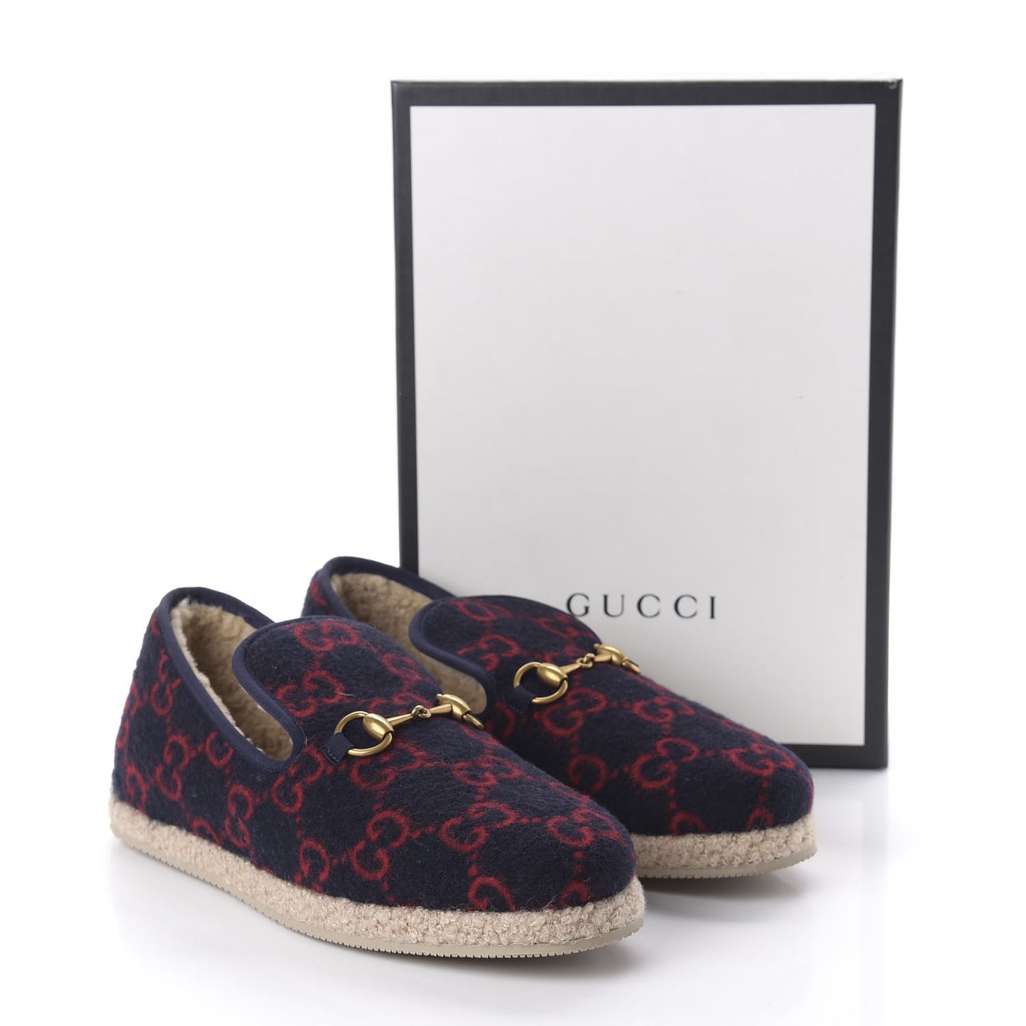 Covered Wool GG Monogram Womens Fria Horsebit Loafers 40.5 Blue Red Butterscotch