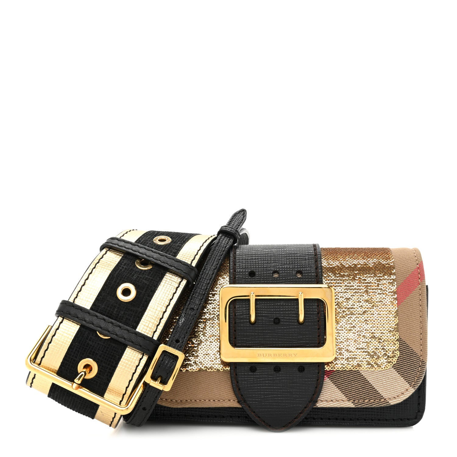 Burberry Metallic Calfskin House Check Sequin Small Madison Buckle Bag Gold 1 of 13