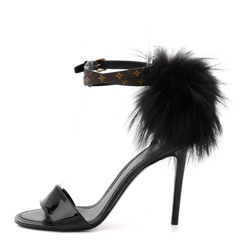 Monogram Patent Fur Sandals 38 Black