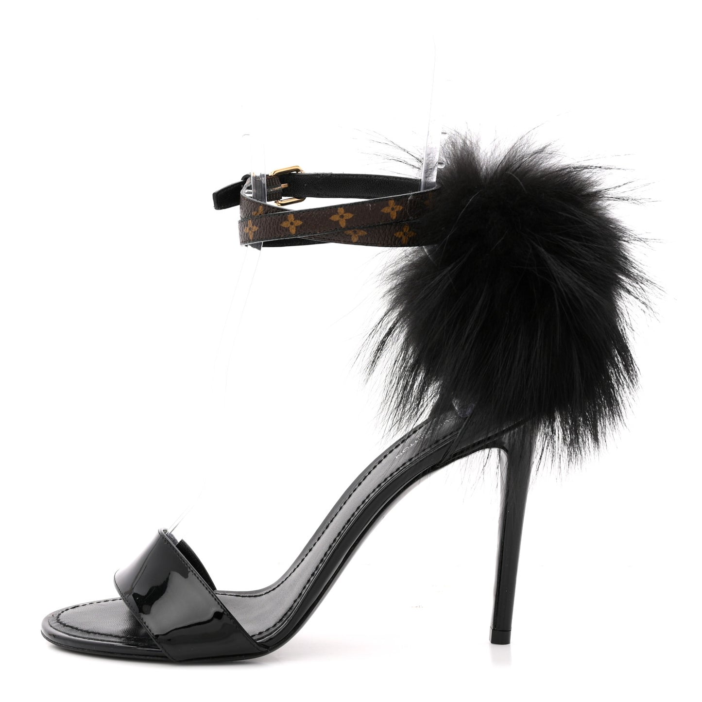 Monogram Patent Fur Sandals 38 Black