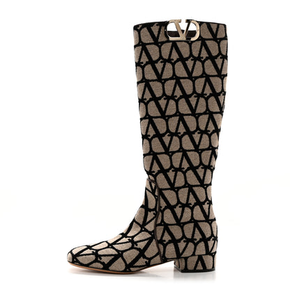 Valentino Garavani Toile Iconographe Calfskin Vlogo Knee High 30mm Boots 37 Naturale Black Fondant 1 of 8