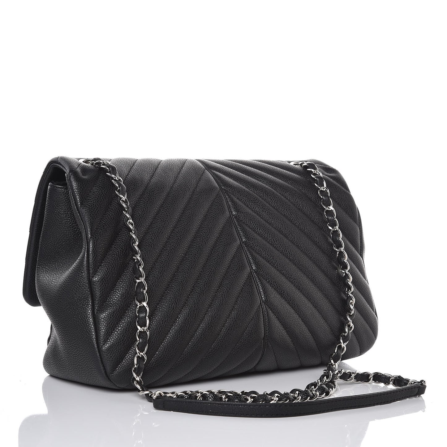 Caviar Chevron Quilted Large Puffy CC Flap Black