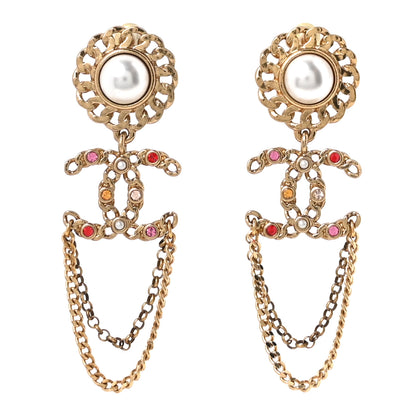 Chanel Pearl Crystal Chain Link CC Drop Earrings Gold Red Pink Yellow 1 of 5
