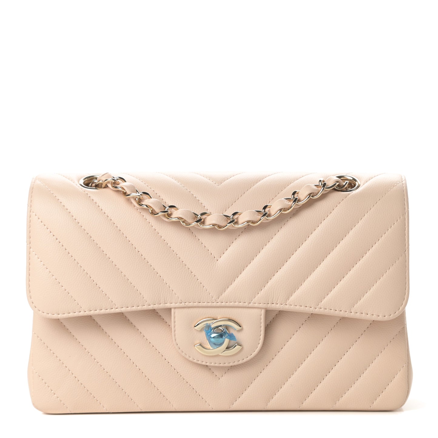 Caviar Chevron Quilted Small Double Flap Beige